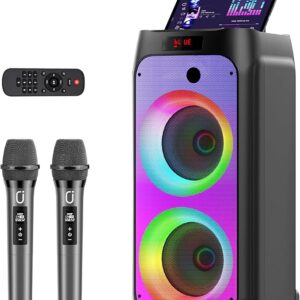 JYX Karaoke Machine with 2 Wireless Microphones for Adults, Portable Bluetooth Speaker with Wheels and Disco Lights, Big Subwoofer PA System, Party Karaoke Speaker Support TWS/USB/TF Card/AUX/REC