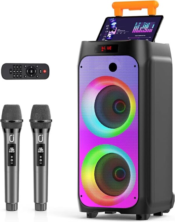 JYX Karaoke Machine with 2 Wireless Microphones for Adults, Portable Bluetooth Speaker with Wheels and Disco Lights, Big Subwoofer PA System, Party Karaoke Speaker Support TWS/USB/TF Card/AUX/REC