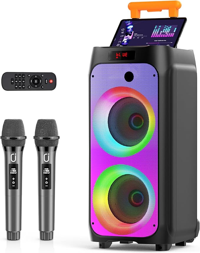 JYX Karaoke Machine with 2 Wireless Microphones for Adults, Portable Bluetooth Speaker with Wheels and Disco Lights, Big Subwoofer PA System, Party Karaoke Speaker Support TWS/USB/TF Card/AUX/REC